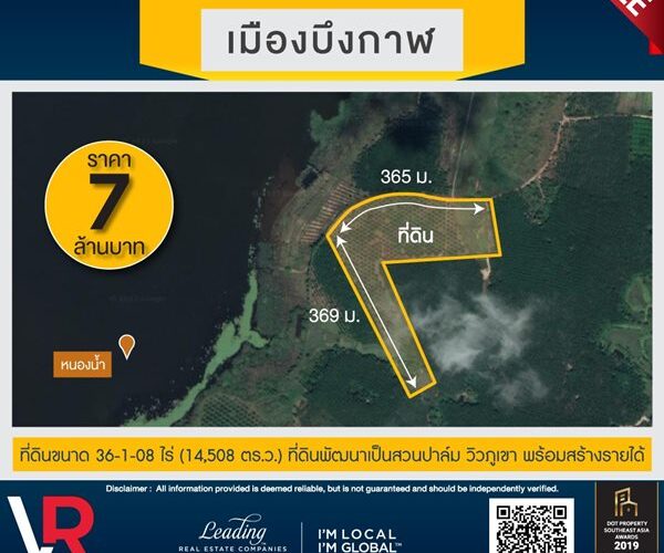 ขายที่ดินแปลงสวย ทำเลดี เมืองบึงกาฬ ขนาด 36-1-08 ไร่ เป็นสวนปาล์ม วิวภูเขา พร้อมสร้างรายได้